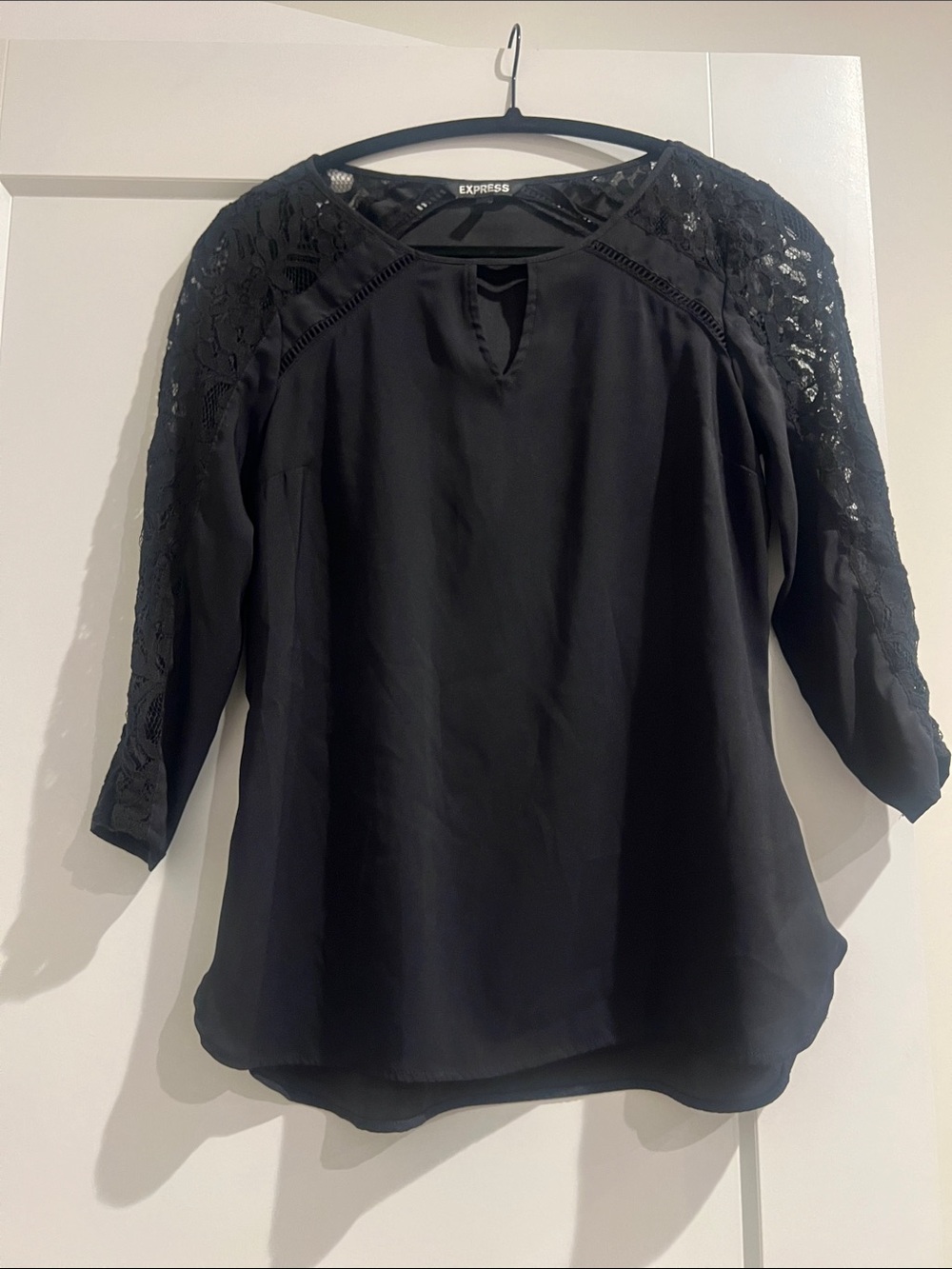 Express Black Lace-Sleeve Keyhole Blouse